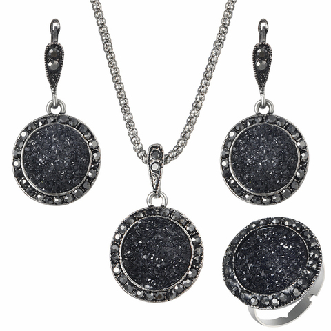 Venta al por mayor Vintage gema negro conjunto de joyas de moda de las mujeres conjunto de joyas de cristal de plata antigua ronda collar de piedra colgante conjuntos 3 Pc ► Foto 1/6