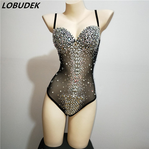 Mono de malla transparente para mujer, traje Sexy sin espalda para discoteca, brillante, con diamantes de imitación, Color negro, para escenario de mujer y cantante ► Foto 1/1