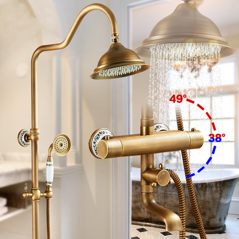 Grifos de ducha termostáticos para baño, mezclador de ducha montado en la pared de latón antiguo, doble mango con barra deslizante, AST9507 ► Foto 1/6