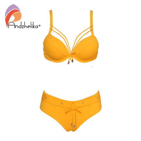 Andzhelika-Bikinis lisos amarillos para mujer, conjunto de Bikini Sexy de vendaje, traje de baño de realce, ropa de baño para mujer ► Foto 1/6