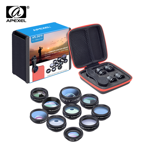 APEXEL-kit de lentes de teléfono 10 en 1, macro angular universal, filtro CPL, lente de telescopio, lente ojo de pez para casi teléfono inteligente ► Foto 1/6