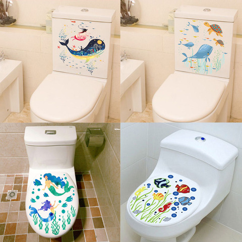 Sealife Fish Toilet Seat Stickers decoración del hogar Diy flor subacuática paisaje Mural arte baño habitación 3d vista Pvc pared calcomanía ► Foto 1/6
