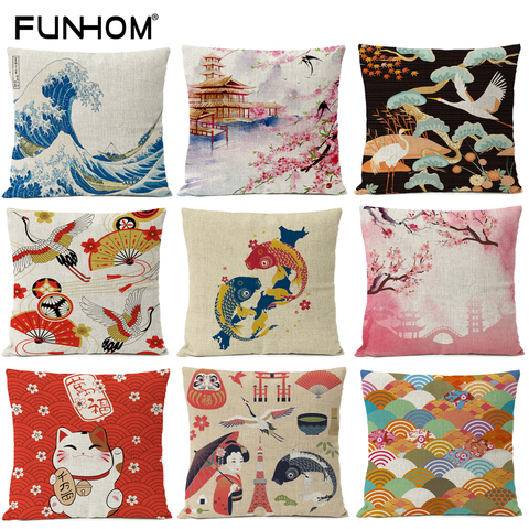 Funda de cojín japonesa Fuji Cherry, Cojines decorativos para el hogar, tejido de lino para funda de almohada japonesa ukiyo-e Wave ► Foto 1/6