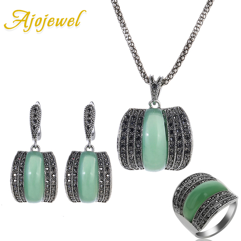 Ajojewel-Conjunto de joyería para mujer, de Color plata antigua, diseño Original, anillo de piedra verde geométrico, collar y pendientes ► Foto 1/6