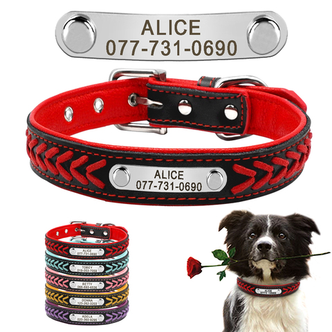 Collar de cuero personalizado para perros pequeños, medianos y grandes, grabado, placa con nombre, XS-XL ► Foto 1/6