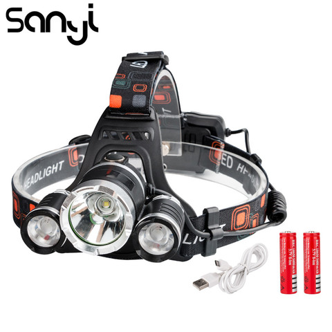 SANYI-linterna frontal LED recargable por USB, 1 * T6 + 2 * R2, 4 modos, linterna de casco, para Camping, correr y senderismo ► Foto 1/1