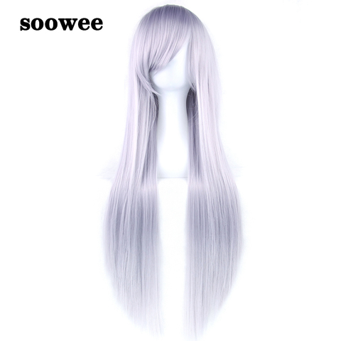 Soowee de 80cm de largo recto pelucas de pelo sintético-mujer gris plata peluca rosa azul blanco Cosplay pelucas para mujeres cabello falso ► Foto 1/6