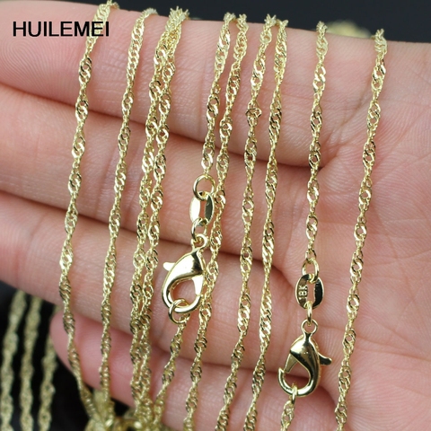 Venta al por mayor, 10 unidades/lote, collar de cadena de onda de agua de 2mm de Color dorado para mujer, joyería de 16 