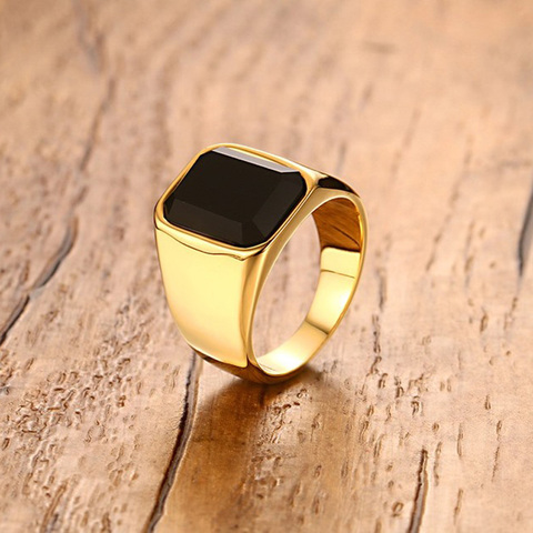 Hombres anillos de acero inoxidable anillo con piedra negra para los hombres de la boda banda de oro de joyería de color anel masculino ► Foto 1/6