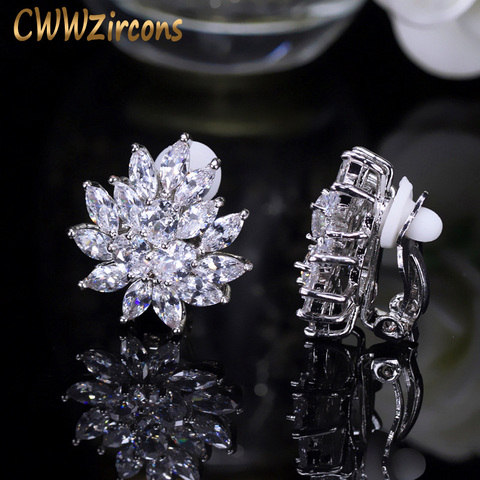 CWWZircons nuevo diseño de forma de flor impresionante Cubic Zirconia cristal mujer oreja Clip en pendientes sin perforar CZ196 ► Foto 1/6