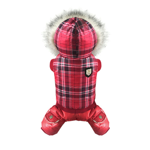 Chaqueta con capucha para perro, ropa abrigo para invierno con rejilla roja, ropa cálida de algodón para mascotas, gruesa ► Foto 1/6