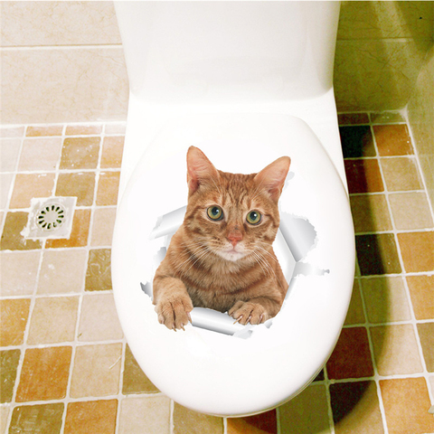 Pegatinas de pared con diseño de gato para el baño, decoración con dibujos animados de gatito, Mural artístico de animales, calcomanías 3D para el hogar ► Foto 1/6