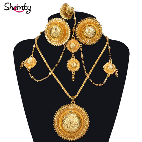 Shamty-Conjunto de joyería nupcial etíope, Color dorado puro, pendientes africanos de boda, collares, anillos, conjunto de tocados, estilo Habesha, A30036 ► Foto 1/6