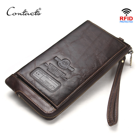 CONTACT'S embrague bolsa de cuero genuino RFID teléfono celular Cartera de embrague carteras hombres titular de la tarjeta de crédito hombre bolso largo cremallera ► Foto 1/6