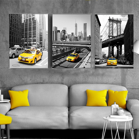 Cuadro en lienzo amarillo de la ciudad de Nueva York para decoración del hogar, imágenes artísticas, póster e impresiones para sala de estar ► Foto 1/6