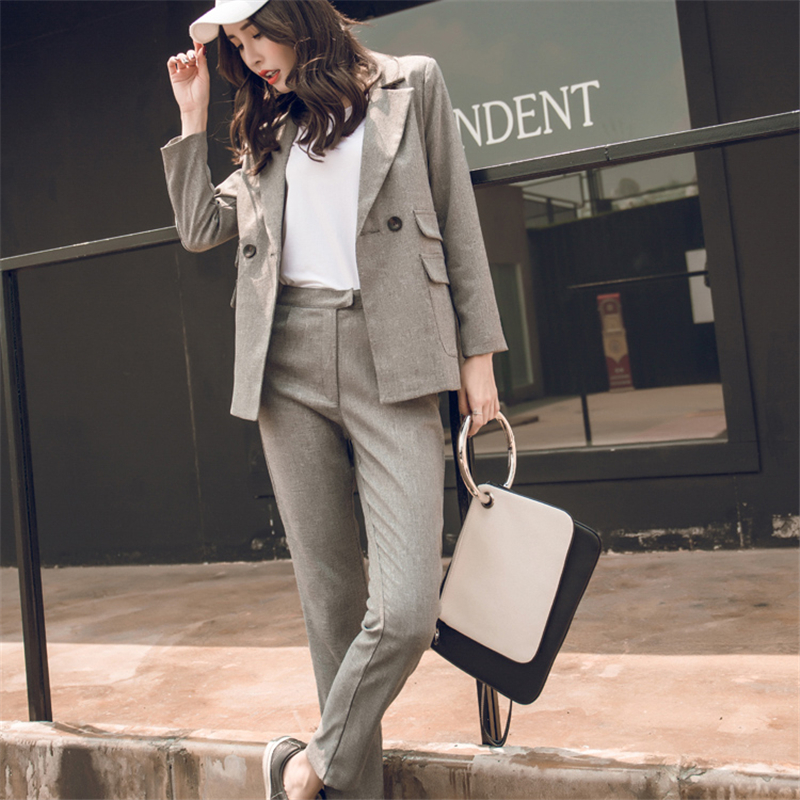 Trajes de pantalón gris claro para mujer, uniforme Formal de oficina,  abrigos de manga larga con botonadura única, Blazer + Pantalones, traje  informal ajustado para mujer - AliExpress