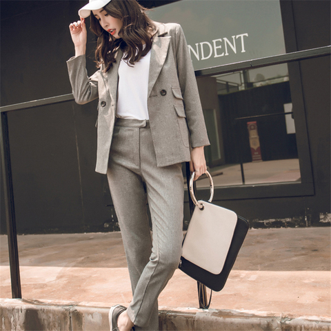 Traje de mujer gris Casual Blazer y pantalón de cintura alta