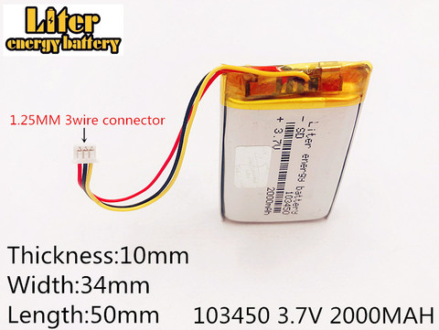 Li-po a conector de 1,25mm 103450 de 3,7 V 2000MAH de la batería de polímero de litio batería recargable GPS navigator grabadora de DVD auriculares e-book ► Foto 1/3