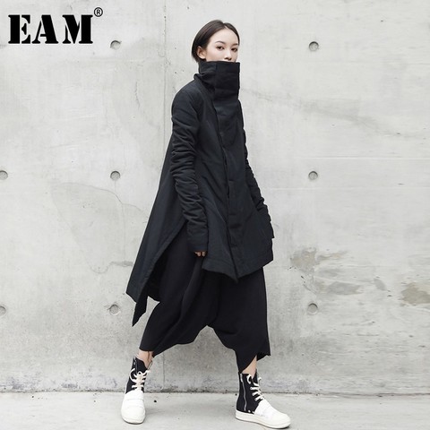 [EAM] 2022 nueva moda de invierno de pie de plomo Irregular de tipo largo de algodón acolchado ropa suelta chaqueta negra sólida mujer YA771 ► Foto 1/5