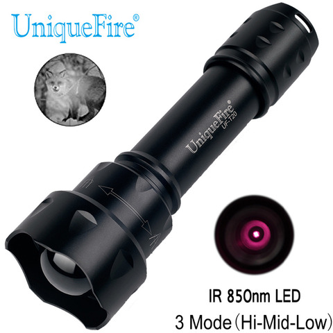 UniqueFire T20 IR 850nm 3 modos LED de visión nocturna enfoque con Zoom recargable linterna infrarroja luz ajustable antorcha ► Foto 1/6