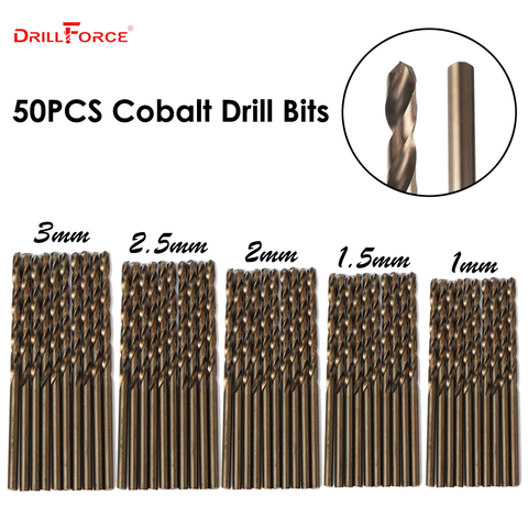 50 piezas Drillforce herramientas M35 cobalto broca conjunto HSS-CO taladro Set 1-3 MM para perforar acero endurecido, hierro fundido y acero inoxidable ► Foto 1/6