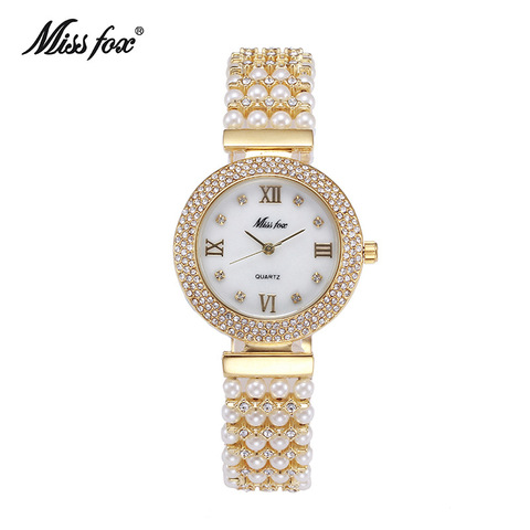 Miss Fox-Reloj de perlas naturales para mujer, pulsera de mano femenina de oro resistente al agua con diamantes de cuarzo ► Foto 1/6