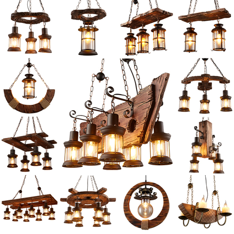 Candelabros de madera maciza Retro Industrial, lámparas de madera para decoración del hogar, lámpara de araña de brillo para Bar LOFT Rural americano ► Foto 1/6