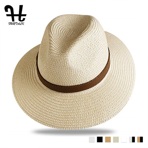 Furhabla-Sombrero de Paja de verano para hombre y mujer, sombrero playero para el sol, sombrero de Panamá de Jazz, Fedora de ala ancha, gorro de protección solar con cinturón de cuero ► Foto 1/6