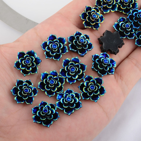 BOLIAO-10 Uds. De imitación en forma de flor de diamantes, 20x20mm (x 0,79 pulgadas), forma de flor, apliques de resina azul oscuro para espalda plana, artesanía, decoración de boda ► Foto 1/3