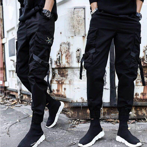 Streetwear cintas pantalones casuales hombres negro Slim hombres Joggers pantalones bolsillos laterales algodón Hombre Pantalones ► Foto 1/6