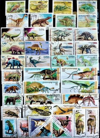 50 unids/lote de sellos de dinosaurios prehistóricos, todos diferentes de muchos países, sin repetir, sin usar, sellos de franqueo marcados para coleccionar ► Foto 1/2