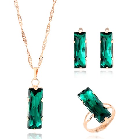 Nuevo conjunto de joyas para mujer, Color dorado, encanto encantador, Gema verde, rectángulo, pendiente, collar, anillo, 3 uds, joyería de declaración, conjunto para boda ► Foto 1/3