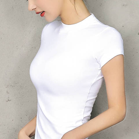 Top de algodón con cuello de cisne manga corta para mujer, Camiseta básica que combina con todo, camiseta de color negro, gris, blanco ► Foto 1/6