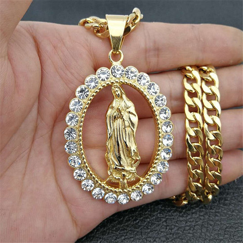 Hip Hop helado grande Virgen María collares con colgantes de oro Color de cadena de acero inoxidable para las mujeres joyería cristiana Madonna XL1145 ► Foto 1/6