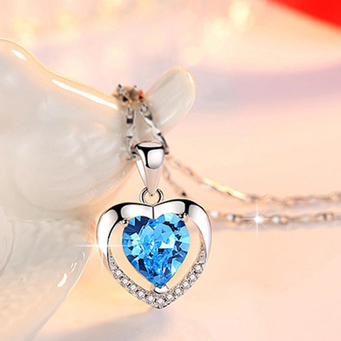 KOFSAC-collares de plata de ley 925 para mujer, colgante de corazón de cristal azul para boda, joyería de compromiso ► Foto 1/6