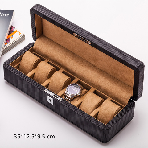 Yao-organizador de reloj de fibra de carbono con 6 ranuras, caja de reloj de cuero, estuche de exhibición negro, estuche de regalo para joyería con cerradura ► Foto 1/6