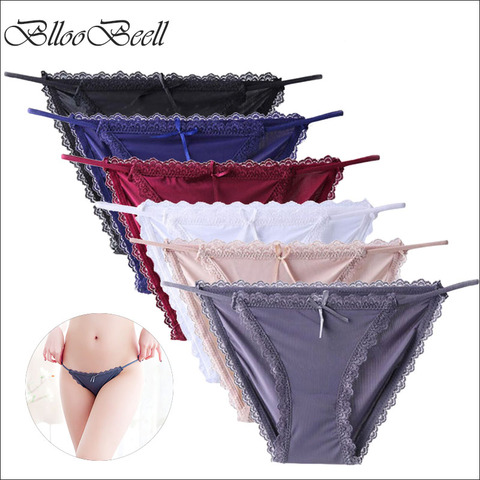 BllooBeell-ropa interior unicolor de cintura baja para mujer, bragas sexys de encaje, Bikini femenino, Tanga sin costuras, Tanga sedoso de talla M/L/XL ► Foto 1/6