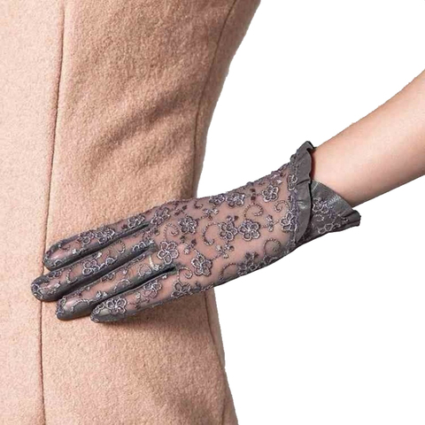 Guantes de cuero auténtico para mujer, elegantes guantes de encaje para el sol con pantalla táctil, color negro, Anti-UV, S, M y L, para verano, 2022 ► Foto 1/1