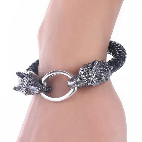 Pulsera de cabeza de Lobo para hombre, brazaletes de cuero tejido, pulsera de cuerda Punk encantadora, cadena de mano femenina ► Foto 1/6