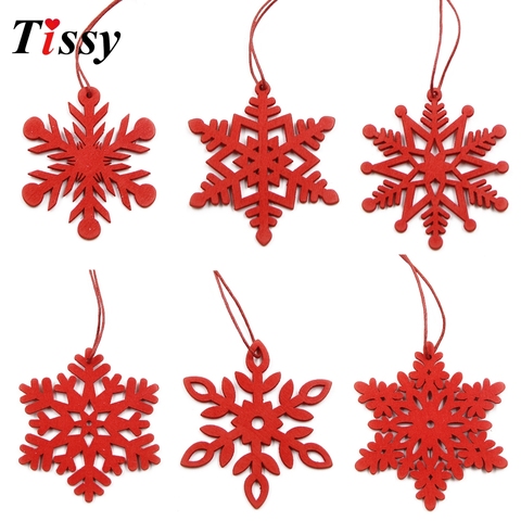 Copos de nieve de Navidad para niños, adornos colgantes de madera blancos y rojos, bricolaje, ornamento de árbol de Navidad, decoraciones para fiesta de Navidad, regalo para niños, 6 uds. ► Foto 1/6