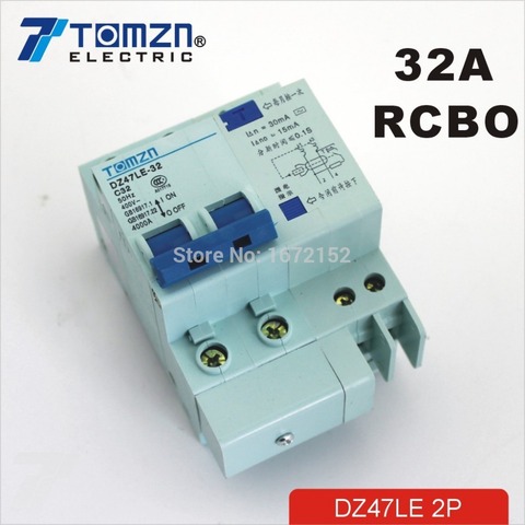 Disyuntor de corriente Residual con protección contra sobrecorriente y fugas RCBO, DZ47LE, 2P, 32A, 230V ~ 50HZ/60HZ ► Foto 1/1