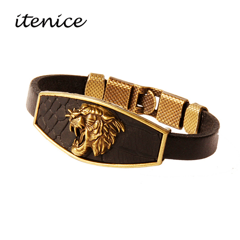 Design Men Bracelets Geometric Bronze Cross Wing Lion Owl Shackles Black Leather Bracelet Men Wristband Fashion Jewelry Unisex ► Foto 1/6