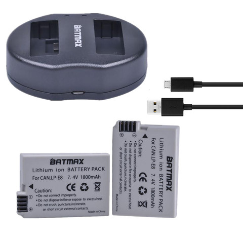 Batmax 2 uds LP-E8 LPE8 LP E8 Cámara batería + cargador Dual USB para Canon EOS 550D 600D 650D 700D rebelde T2i T3i T4i beso X4 X6i ► Foto 1/6