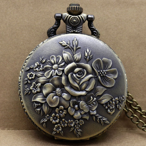 Reloj de bolsillo de cuarzo con flores Retro para mujer, colgante de bronce, numerales, cadena ► Foto 1/6