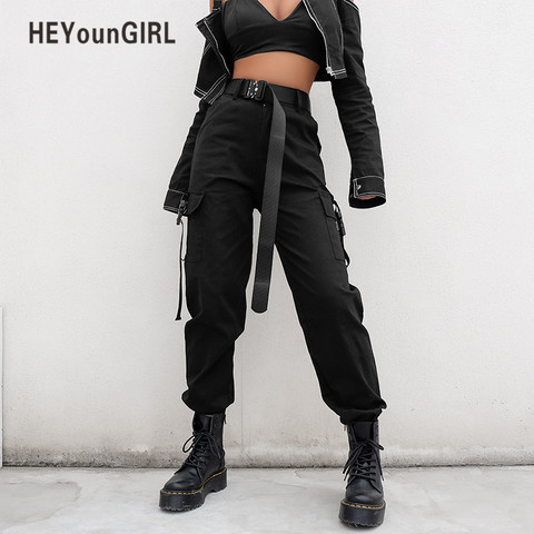 HEYounGIRL-Pantalones cargo casuales para mujer, capri de estilo coreano, de cintura alta, holgados, color negro ► Foto 1/6
