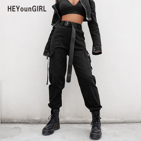 Pantalones Cargo negros para mujer, pantalón informal de cintura alta,  holgado, Hip Hop, Punk coreano, Capri divertido, ropa de calle para mujer -  AliExpress