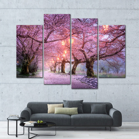 Cuadros de arte de pared para decoración del hogar, marco de 4 piezas, árbol de flores de cerezo rosa para sala de estar, carteles de pintura de paisaje moderno ► Foto 1/6