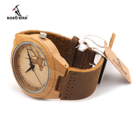 BOBO BIRD-relojes de madera Natural con cabeza de alce para hombre, relojes de pulsera de lujo con cabeza de alce de pájaro y piel de vaca auténtica, como regalo, C-F29 ► Foto 1/1