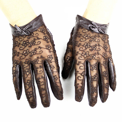 Guantes de piel de oveja para mujer con pantalla táctil, moda, encaje fino, sin forro, primavera y verano, guantes para conducir de cuero, envío gratis ► Foto 1/6