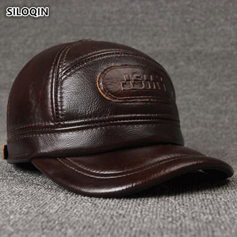 SILOQIN tamaño ajustable de los hombres 100% gorra de cuero genuino invierno cálido gorras de béisbol con orejeras de cuero de vaca sombrero de marca para los hombres ► Foto 1/6